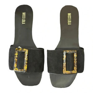 Miss Lola Bradley Black Suede Slide Sandals Tortoiseshell Pattern Buckle Size 8
